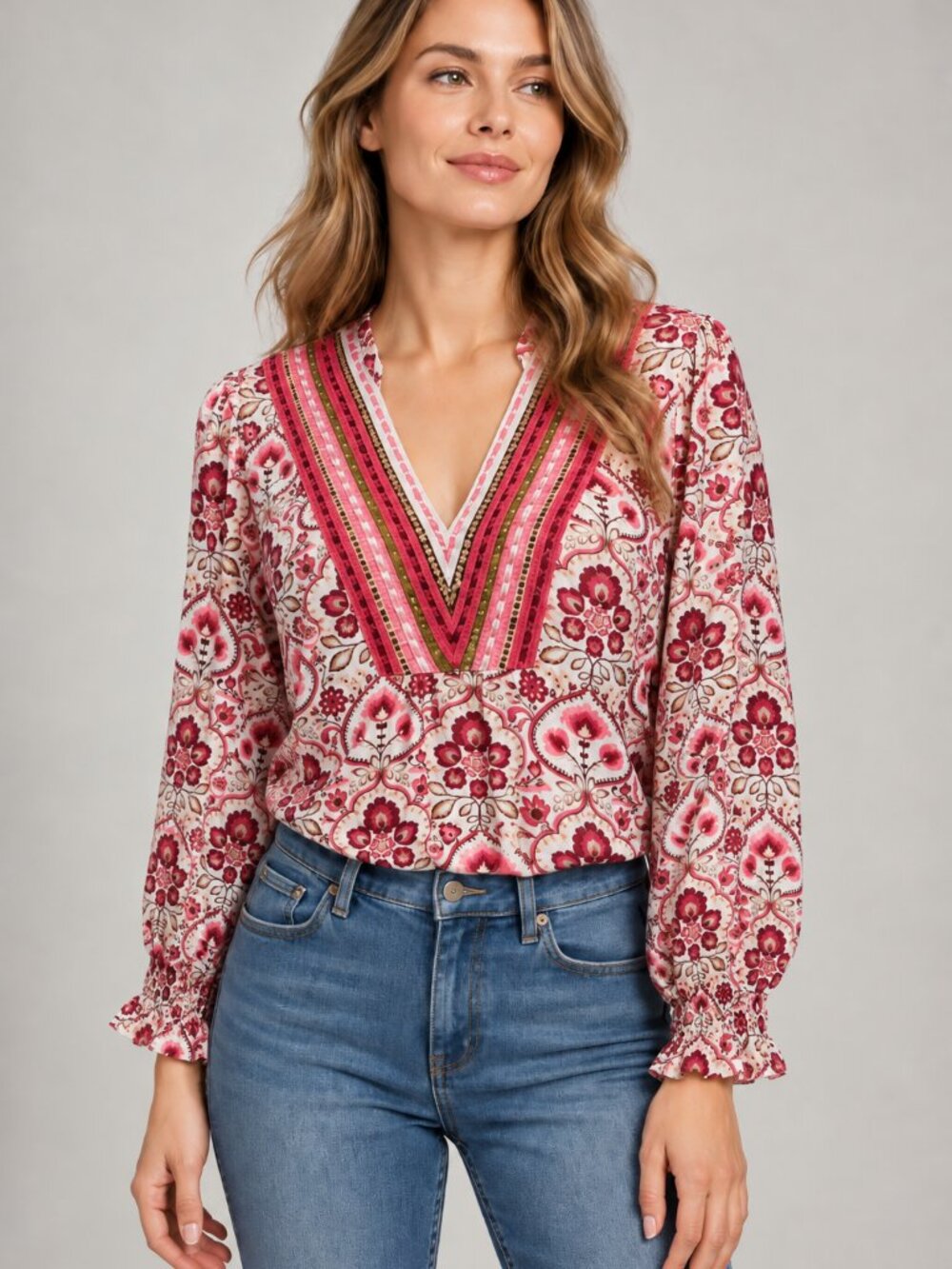 Matilda Jane XS White Pink Floral Paisley Embroidered V Neck Tunic Blouse
